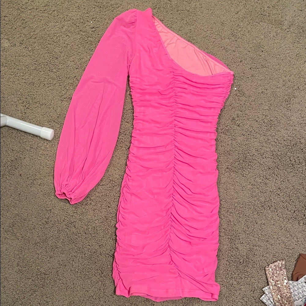 One-Shoulder Hot Pink Ruched Women’s Dress